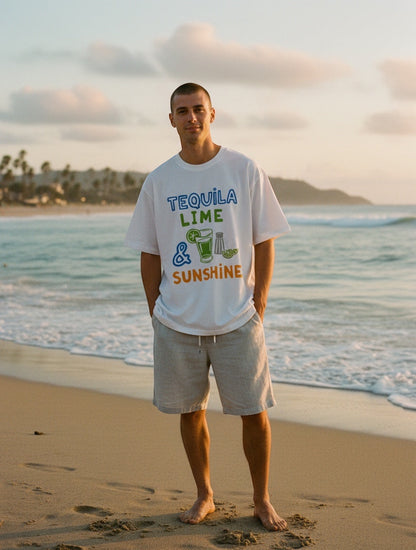 Frolic Saga white 100% cotton oversized t-shirt with "Tequila Lime & Sunshine" graphic, worn by a man on a beach.