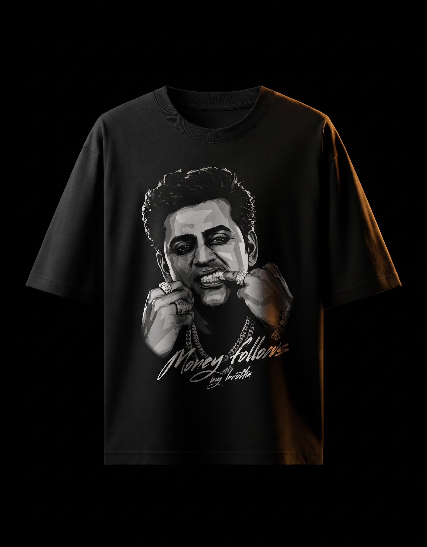 Black oversized t-shirt with dramatic gold-accent lighting, featuring a greyscale illustrated portrait showing off rings, with white script text reading Money follows my brotha.