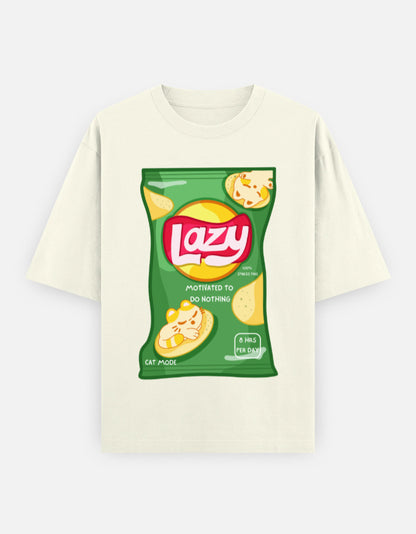 LAZY Oversized T-Shirt for Men & Women – Funny Chips Packet Graphic | 240 GSM Cotton | Unisex Cat Mode Tee | Frolic Saga
