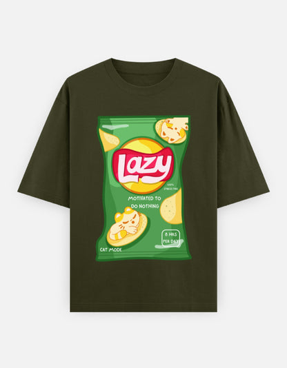 LAZY Oversized T-Shirt for Men & Women – Funny Chips Packet Graphic | 240 GSM Cotton | Unisex Cat Mode Tee | Frolic Saga