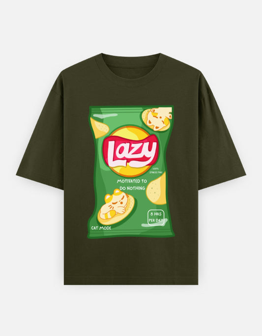 LAZY Oversized T-Shirt for Men & Women – Funny Chips Packet Graphic | 240 GSM Cotton | Unisex Cat Mode Tee | Frolic Saga