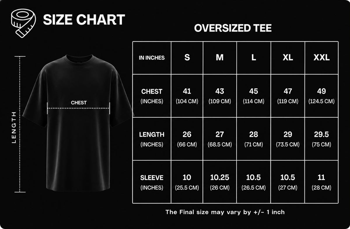 Frolic Saga oversized tee size chart with chest, length and sleeve measurements in inches